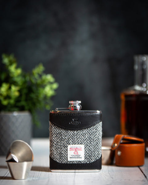 6oz Hip Flask Black Harris Tweed by Marlborough of England