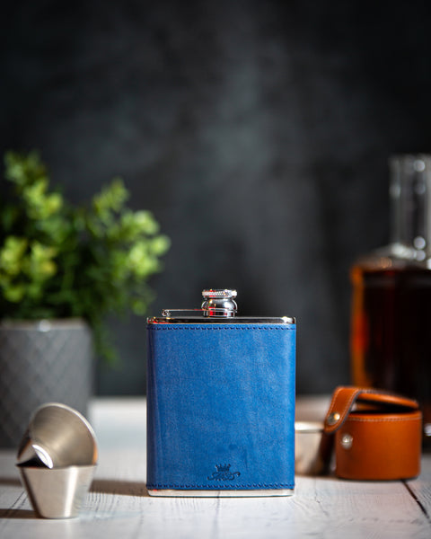 6oz Hip Flask Light Blue Leather by Marlborough of England