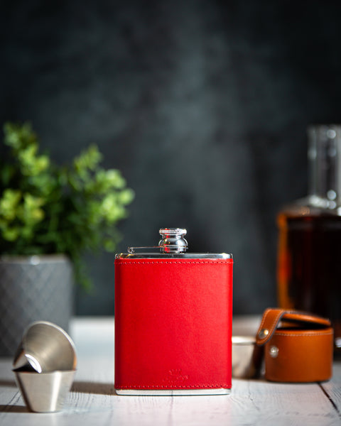 6oz Hip Flask Red Leather by Marlborough of England