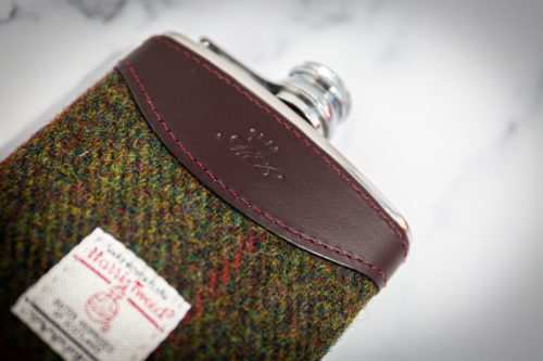 6oz Hip Flask Harris Tweed and Burgundy Leather by Marlborough of England