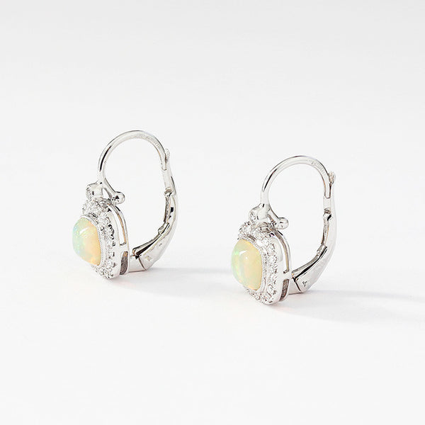 white gold opal and diamond cluster earrings with a slight drop and hook fitting