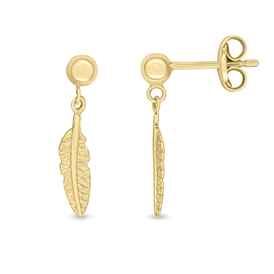 9ct Gold Feather Drop Earrings