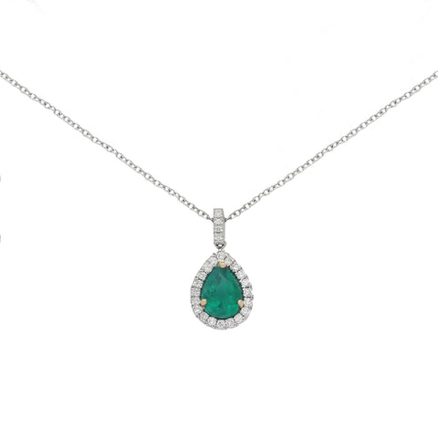 Emerald & Diamond Cluster Pendant& Chain in 18ct White Gold