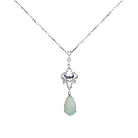 Opal, Diamond & Sapphire Necklace in 18ct White Gold