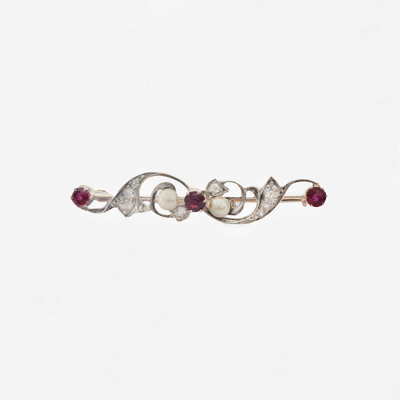 Ruby, Diamond & Pearl Victorian Brooch in Silver & 18ct Gold - Secondhand