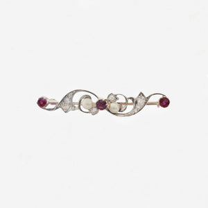 Ruby, Diamond & Pearl Victorian Brooch in Silver & 18ct Gold - Secondhand