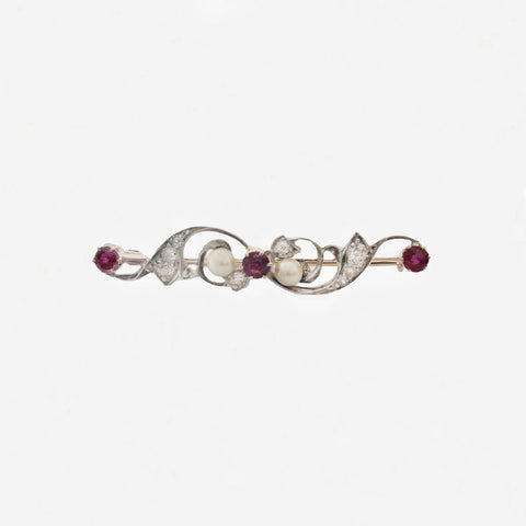 Ruby, Diamond & Pearl Victorian Brooch in Silver & 18ct Gold - Secondhand