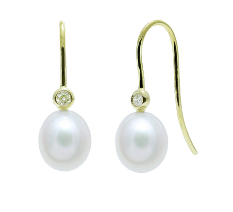 Freshwater Pearl & Diamond Drop Earrings in 18ct Gold