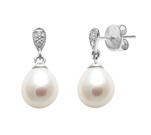Freshwater Pearl & Diamond Drop Earrings in 18ct White Gold
