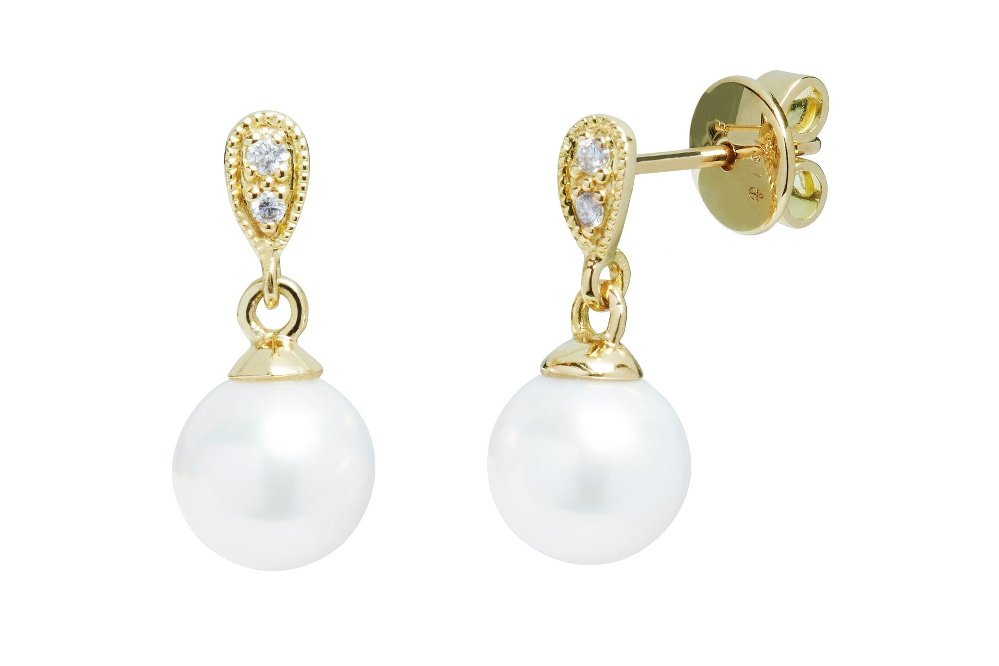 Freshwater Pearl (7-7.5mm) & Diamond Earrings in 18ct Yellow Gold