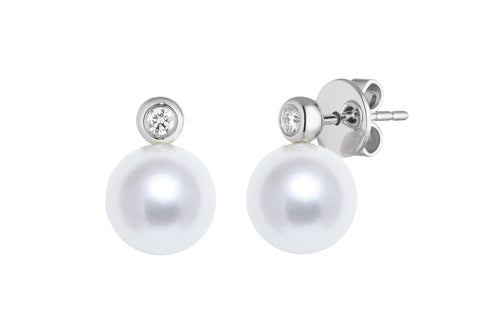 Freshwater Pearl (7.5-8mm) & Diamond Stud Earrings in 18ct White Gold