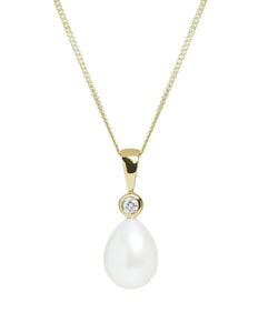 Freshwater Pearl & Diamond Drop Pendant in 18ct Gold