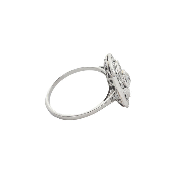 Side view of a twenty five stone Diamond Art Deco Style Plaque Ring in Platinum 