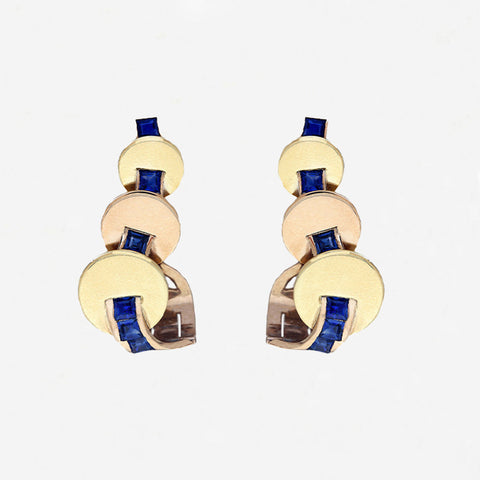Synthetic Sapphire & 9ct Gold Clip Earrings c 1940 / 50's - Secondhand