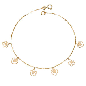 9ct Yellow Gold Heart & Flower Charm Bracelet