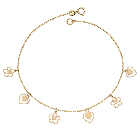 9ct Yellow Gold Heart & Flower Charm Bracelet