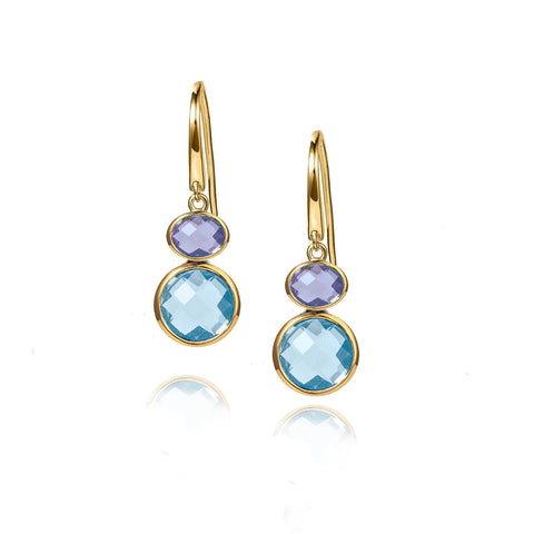 Blue Topaz & Amethyst Drop Earrings in Gold Plated Silver by Christin Ranger