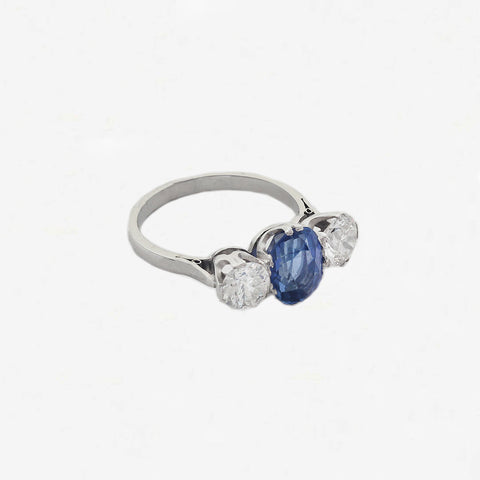 Sapphire & Diamond Three Stone Ring in 18ct White Gold & Platinum