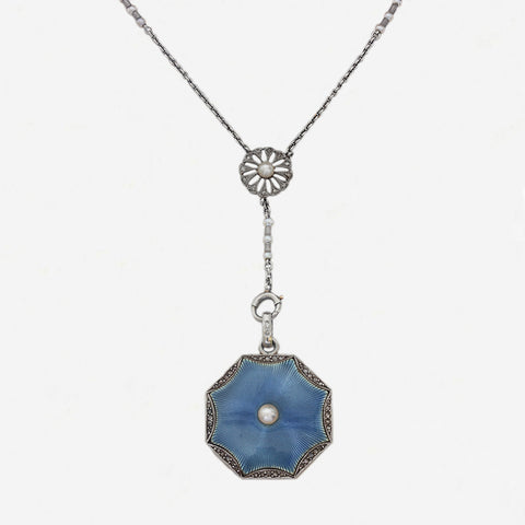Enamel, Pearl & Diamond Locket with Pearl & Diamond Platinum Chain - Secondhand