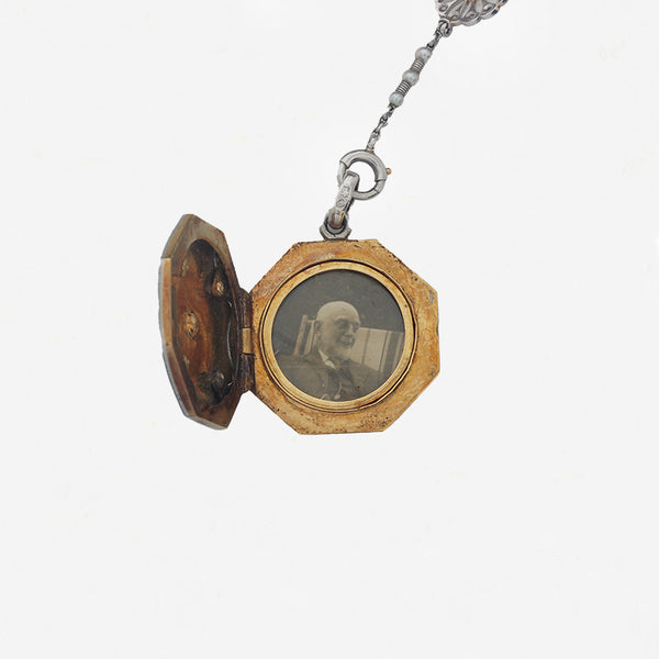 Enamel, Pearl & Diamond Locket with Pearl & Diamond Platinum Chain - Secondhand