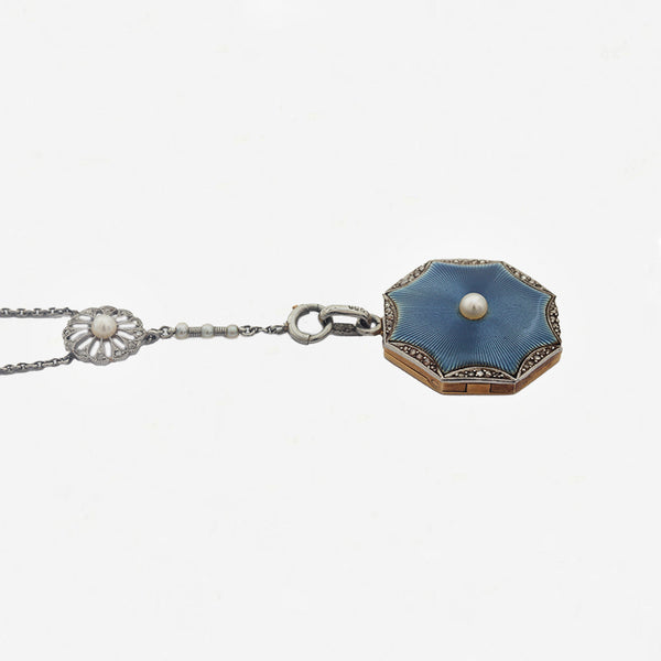 Enamel, Pearl & Diamond Locket with Pearl & Diamond Platinum Chain - Secondhand