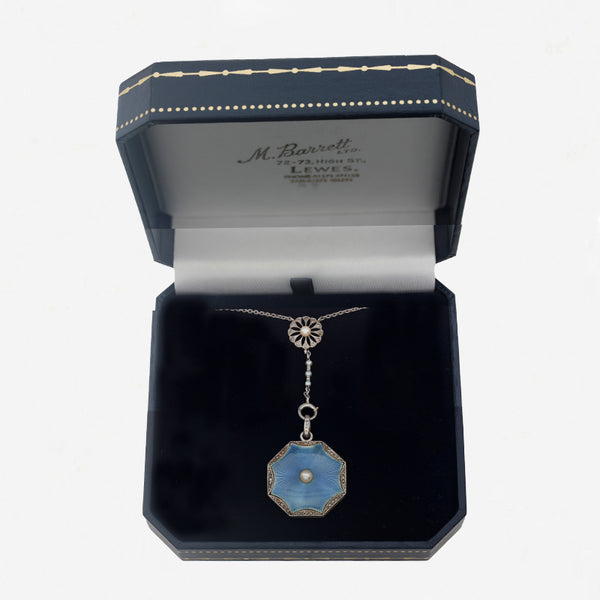 Enamel, Pearl & Diamond Locket with Pearl & Diamond Platinum Chain - Secondhand
