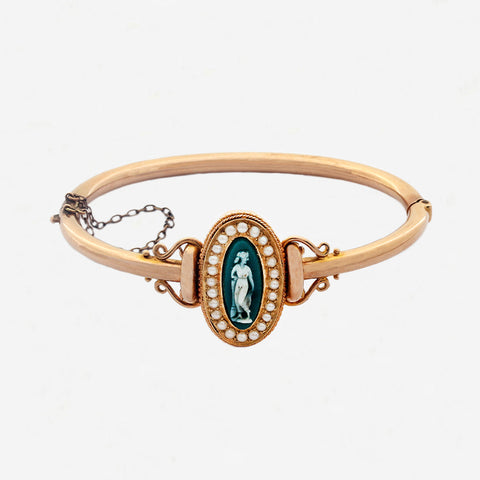 Green Agate Cameo & Seed Pearl Bangle in 15ct Gold - Secondhand