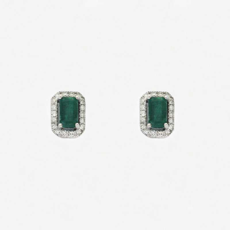 Emerald and Diamond Cluster Earrings in 14ct White Gold - Secondhand