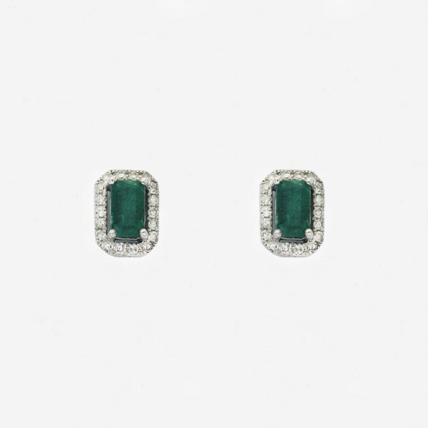 Emerald and Diamond Cluster Earrings in 14ct White Gold - Secondhand