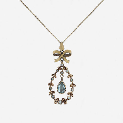 Aquamarine & Seed Pearl Pendant & Chain in 9ct Yellow Gold - Secondhand
