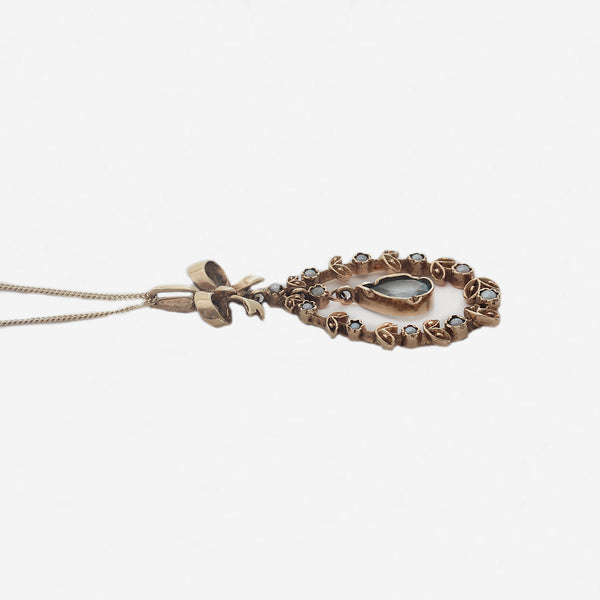 Aquamarine & Seed Pearl Pendant & Chain in 9ct Yellow Gold - Secondhand