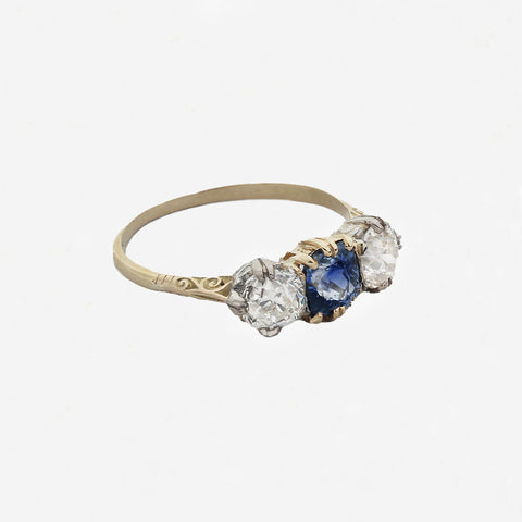 Sapphire & Diamond Antique Three Stone Ring in 18ct Yellow Gold & Platinum - Secondhand