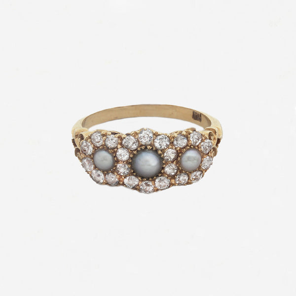 Pearl & Diamond Antique Triple Cluster Ring in 18ct Gold - Secondhand
