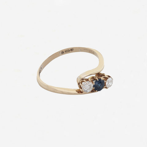 Sapphire & Diamond Three Stone Crossover Ring in 18ct Gold - Secondhand