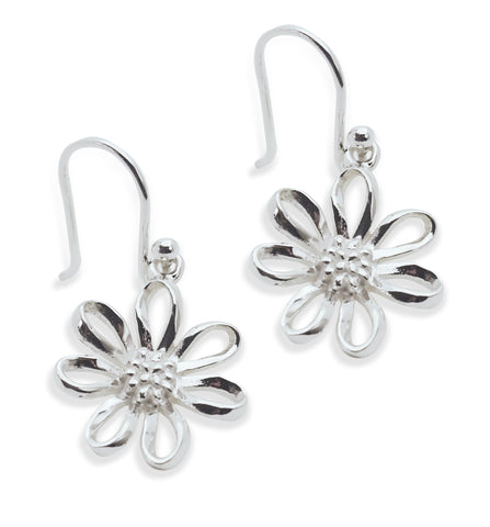 Silver Daisy Flower Drop Earrings
