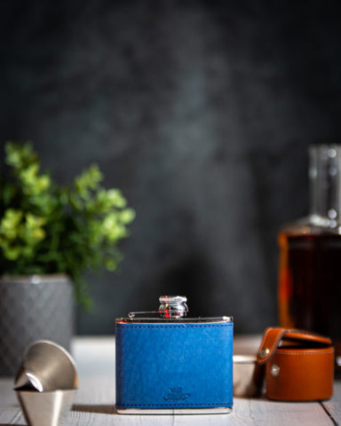 4oz Hip Flask Light Blue Leather by Marlborough of England