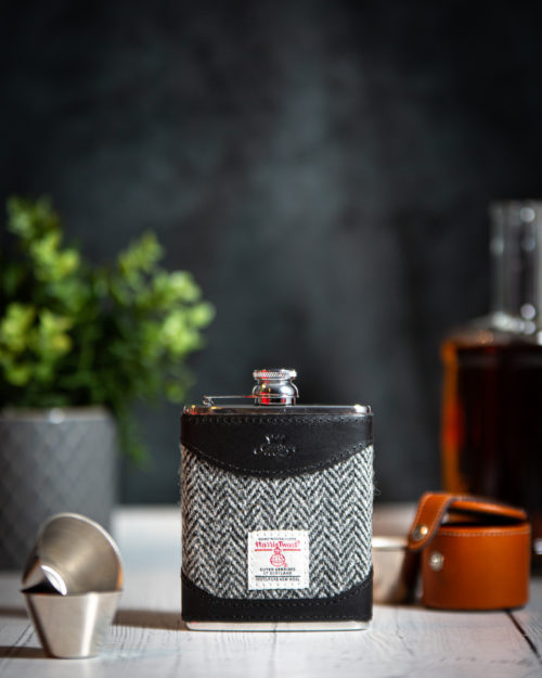 6oz Hip Flask Black Harris Tweed by Marlborough of England