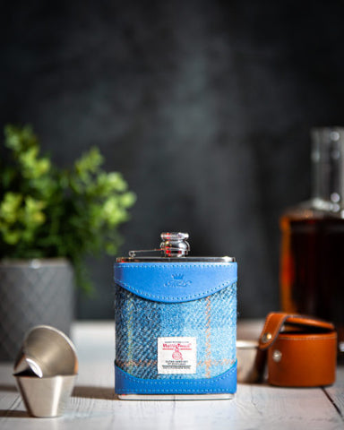 6oz Hip Flask Harris Tweed and Blue Leather by Marlborough of England