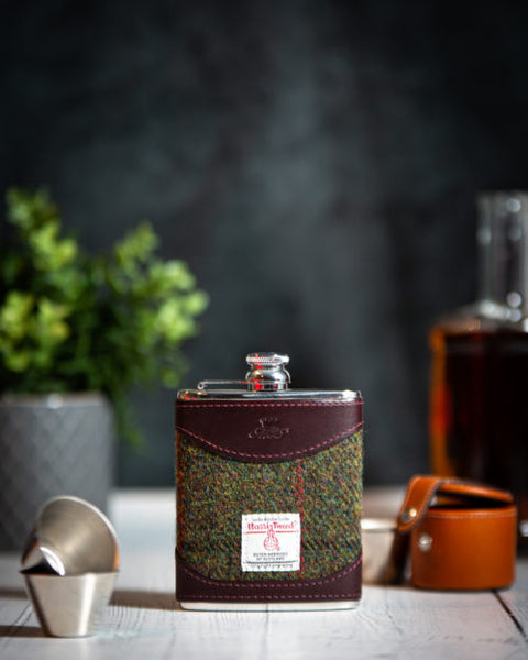6oz Hip Flask Harris Tweed and Burgundy Leather by Marlborough of England