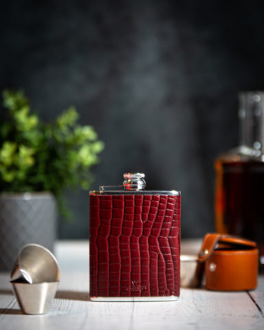 6oz Hip Flask Burgundy Nile Croc by Marlborough of England