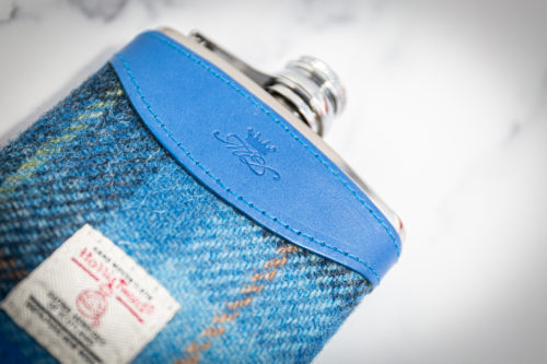6oz Hip Flask Harris Tweed and Blue Leather by Marlborough of England