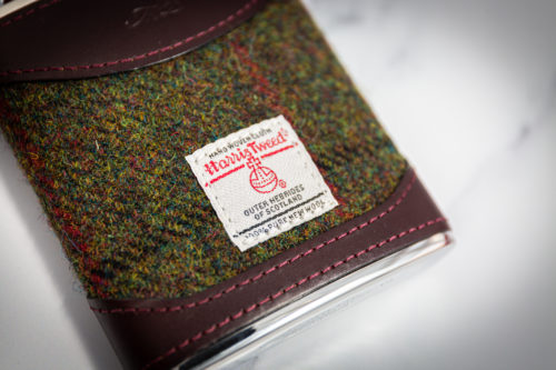 6oz Hip Flask Harris Tweed and Burgundy Leather by Marlborough of England