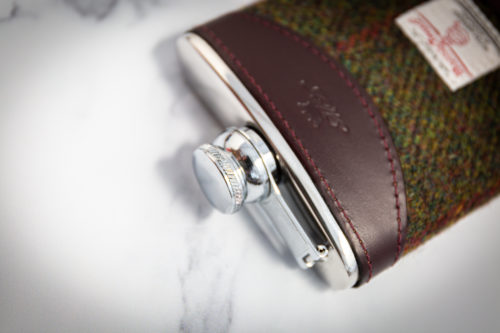 6oz Hip Flask Harris Tweed and Burgundy Leather by Marlborough of England