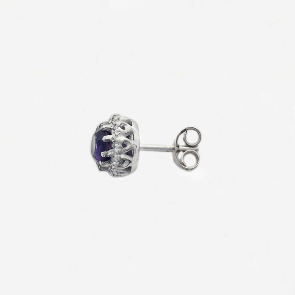 Amethyst & Diamond Cluster Earrings in 18ct White Gold - Secondhand