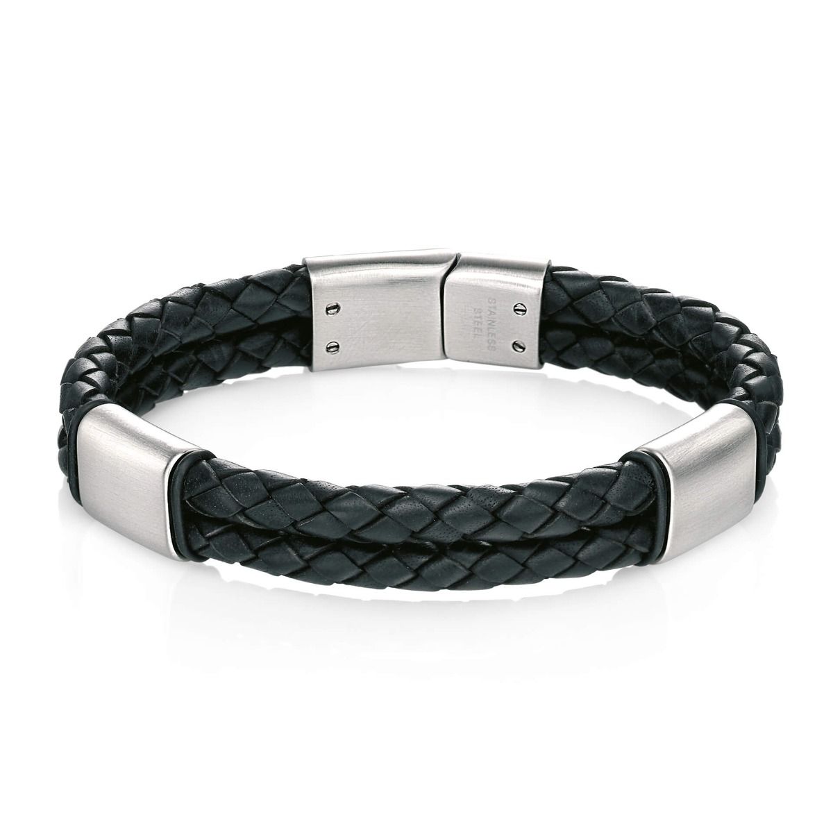 Black Leather & Stainless Steel Bracelet by Fred Bennett