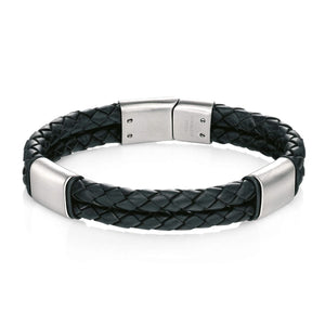 Black Leather & Stainless Steel Bracelet by Fred Bennett