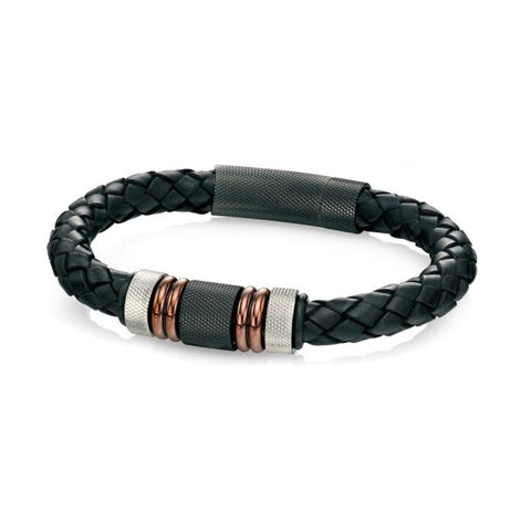 Black Leather Woven Bracelet with Stainless Steel IP Clasp by Fred Bennett