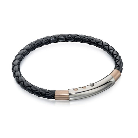 Black Leather Bracelet with Stainless Steel IP Detail by Fred Bennett