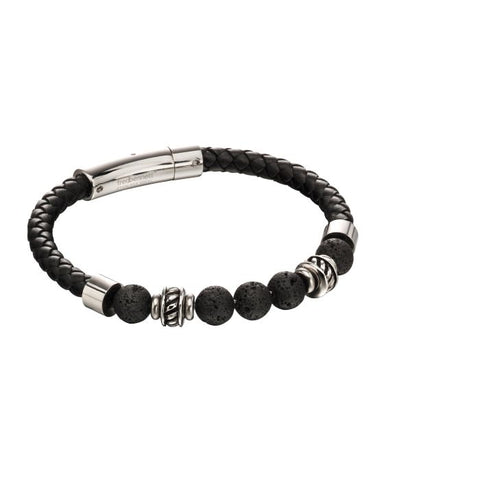 Black Leather Bracelet with Lava Beads by Fred Bennett