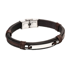 ID Bar Black Leather Bracelet with Brown Cord Detail by Fred Bennett